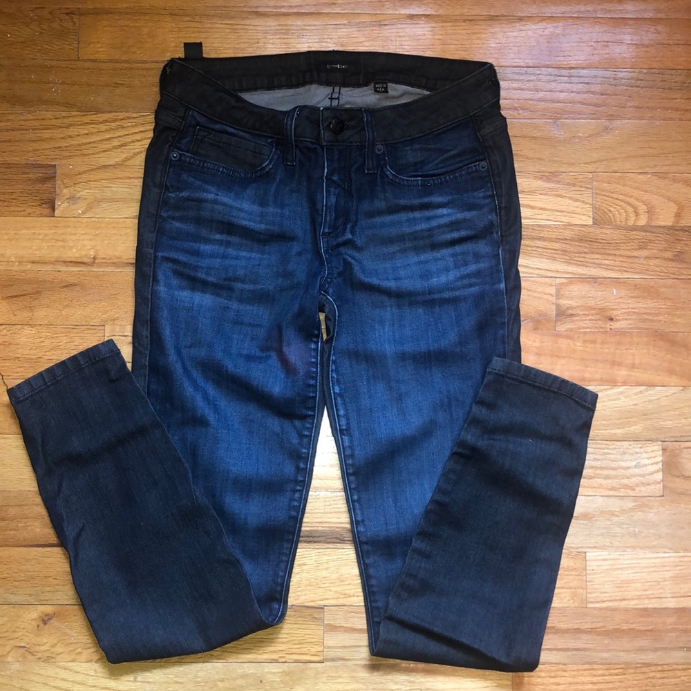 BEBE-color blocked denim skinny jeans